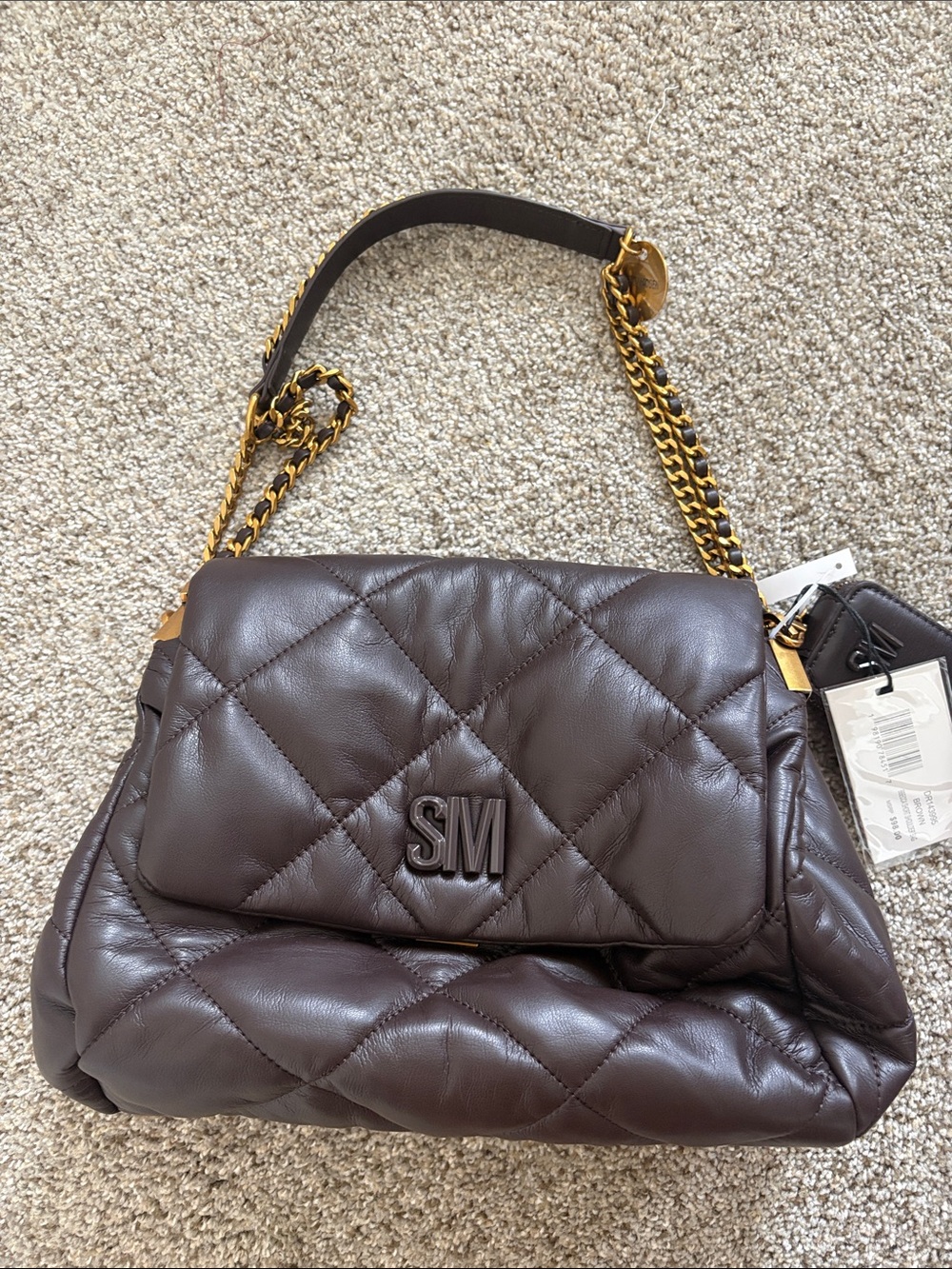 Steve Madden Quilted Shoulder Bag in Dark Brown with Gold Chain